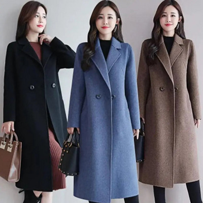 Дамско елегантно дълго вълнено палто Синьо класическо корейско вълнено палто Топли дрехи Есен Зима Мода с едно копче