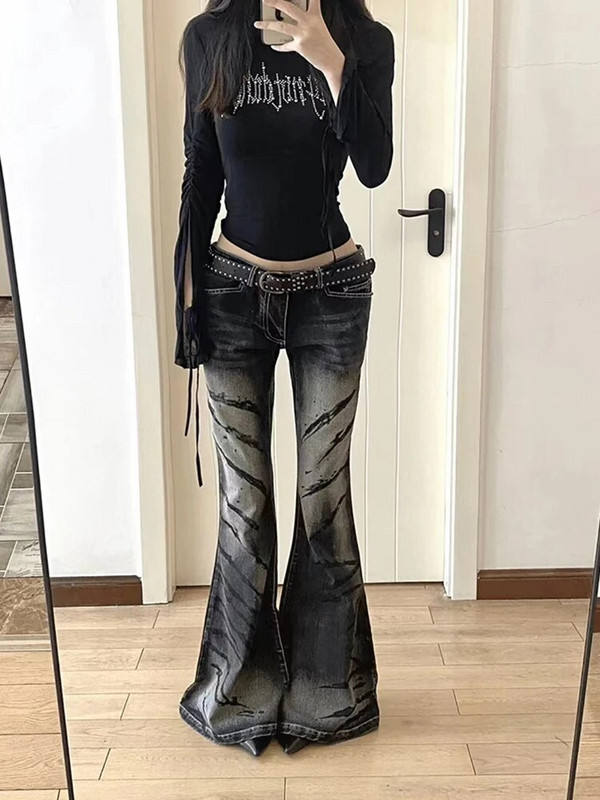 American Retro Black Flare Teksad Kõrge vöökohaga õhukesed naised Mood kriimustatud kellukesed E-tüdruku teksapüksid Hip Hop High Street