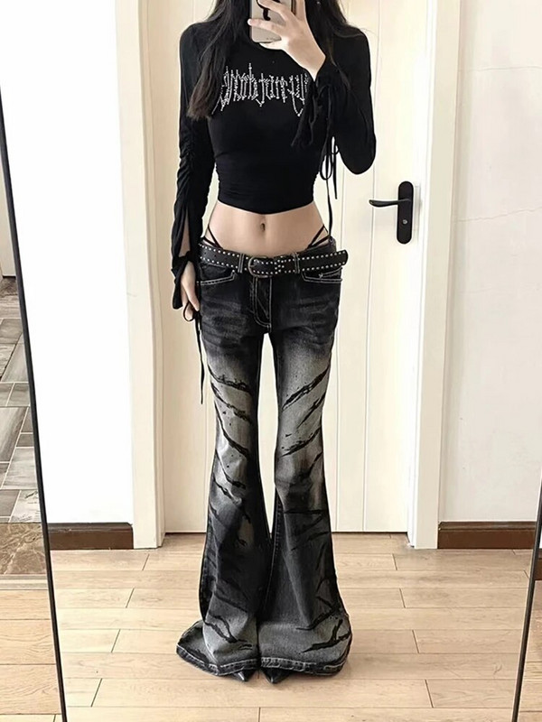 American Retro Black Flare Teksad Kõrge vöökohaga õhukesed naised Mood kriimustatud kellukesed E-tüdruku teksapüksid Hip Hop High Street