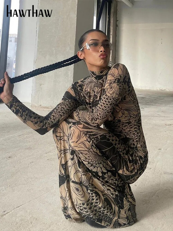 Hawthaw ženske, jesensko-zimske, mrežaste, prozirne ulične duge haljine s dugim rukavima za 2023., obuzimajuće, veleprodajne artikle za posao