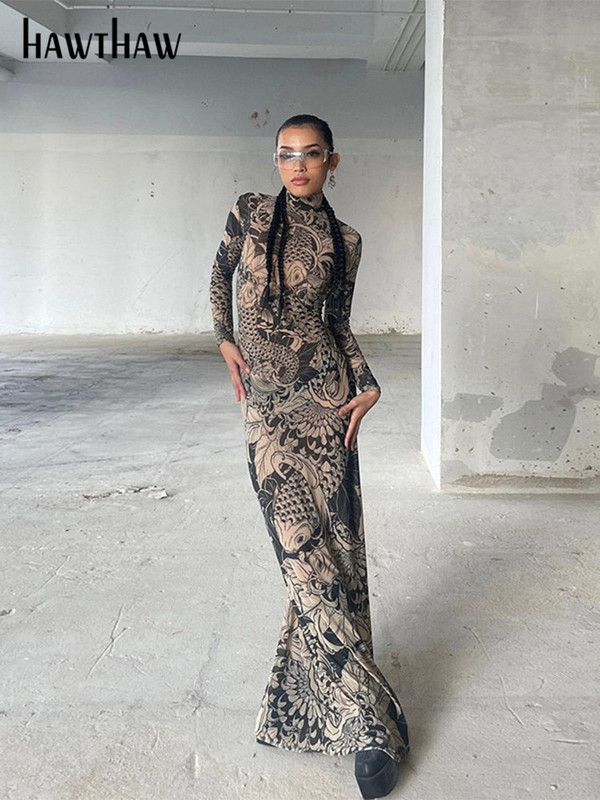 Hawthaw ženske, jesensko-zimske, mrežaste, prozirne ulične duge haljine s dugim rukavima za 2023., obuzimajuće, veleprodajne artikle za posao