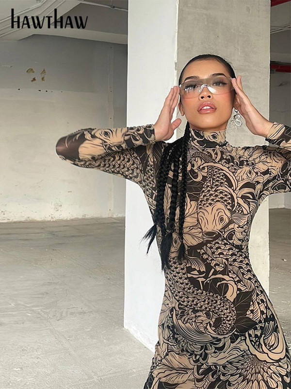 Hawthaw ženske, jesensko-zimske, mrežaste, prozirne ulične duge haljine s dugim rukavima za 2023., obuzimajuće, veleprodajne artikle za posao