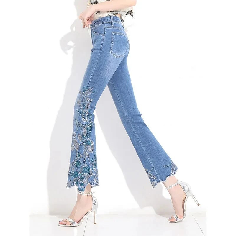 2022. aasta uued kevadsuvi naiste vabad vabaaja kõrge vöökohaga tikandiga teksad Femme puuvillased veniv teksapüksid pahkluuni ulatuvad teksad