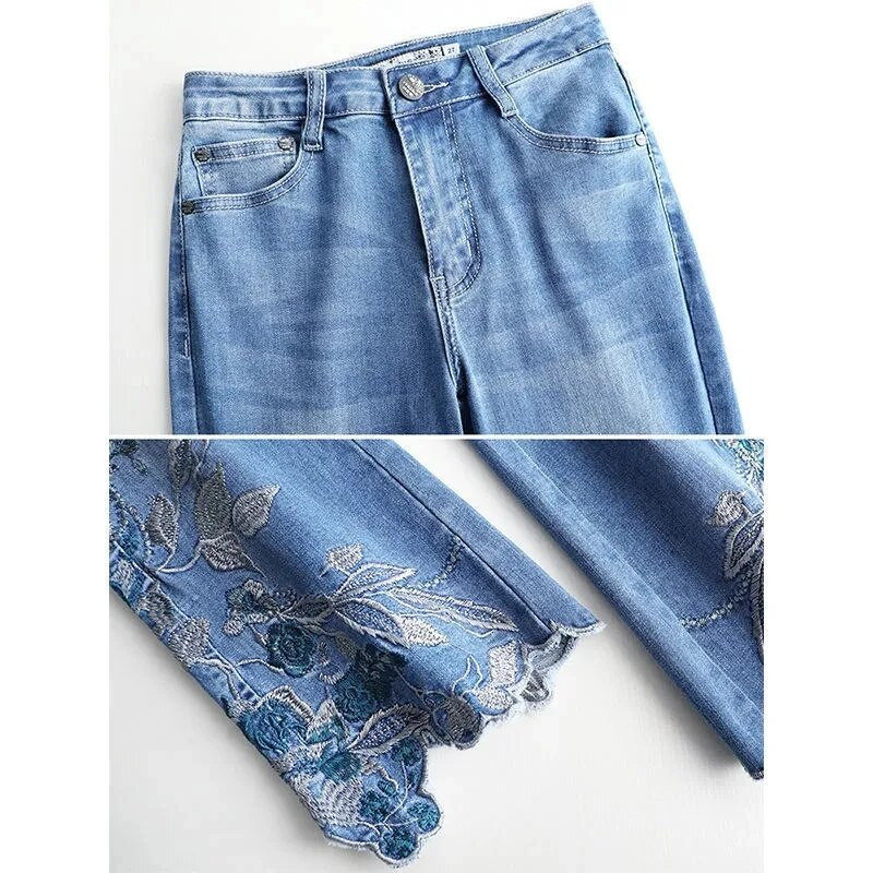 2022. aasta uued kevadsuvi naiste vabad vabaaja kõrge vöökohaga tikandiga teksad Femme puuvillased veniv teksapüksid pahkluuni ulatuvad teksad