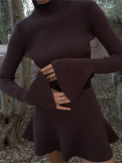 Elegantne soliidse soonikuga kootud lühike kleit naistele 2023. aasta pikkade varrukatega minikleidid Moodsad sügise naiste peoklubi Vestidos