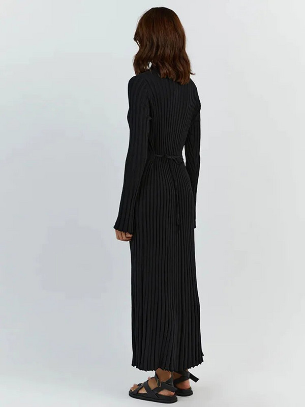 Ribiga kootud ümarkaelus, pikkade varrukatega kleit, naiste paelad, õhukesed soliidsed pikad hommikumantlid 2023. aasta sügistalv kontori tänavarõivad Vestidos