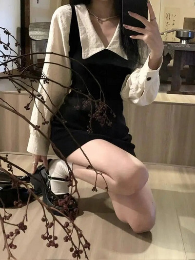 Otmjene mini haljine dugih rukava za žene, korejski modni stil, slatka, seksi Peter Pan kragna, a-kroj, lažne, 2 kom, ležerne haljine, šik