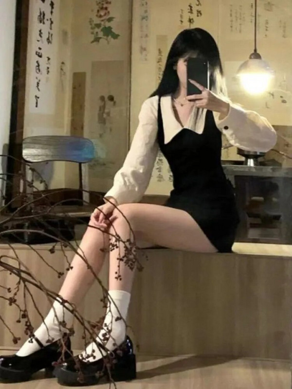 Otmjene mini haljine dugih rukava za žene, korejski modni stil, slatka, seksi Peter Pan kragna, a-kroj, lažne, 2 kom, ležerne haljine, šik