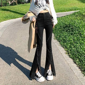 Μαύρο σπαστό τζιν παντελόνι Flare γυναικείο κορεάτικο στυλ Επίδεσμος επίδεσμος τζιν Lady 2023 Summer distressed Raw Edge Straight Παντελόνι