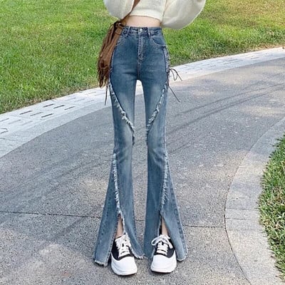 Μαύρο σπαστό τζιν παντελόνι Flare γυναικείο κορεάτικο στυλ Επίδεσμος επίδεσμος τζιν Lady 2023 Summer distressed Raw Edge Straight Παντελόνι