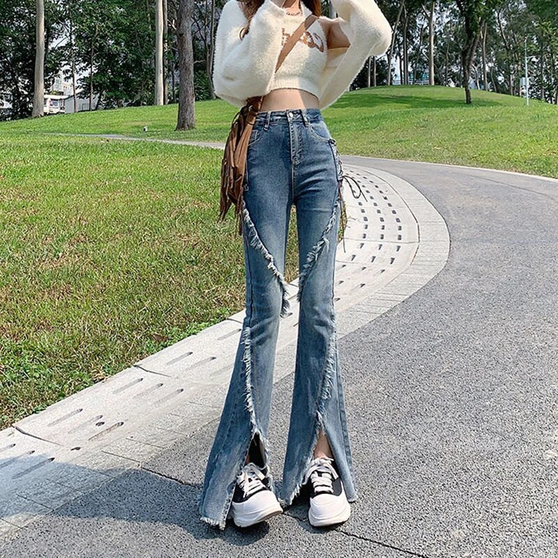 Μαύρο σπαστό τζιν παντελόνι Flare γυναικείο κορεάτικο στυλ Επίδεσμος επίδεσμος τζιν Lady 2023 Summer distressed Raw Edge Straight Παντελόνι