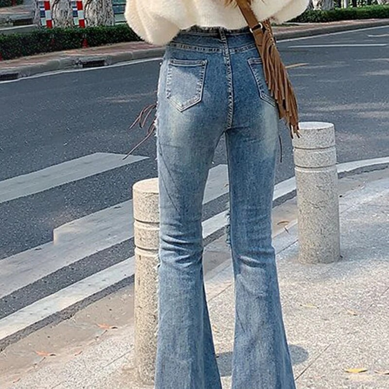 Μαύρο σπαστό τζιν παντελόνι Flare γυναικείο κορεάτικο στυλ Επίδεσμος επίδεσμος τζιν Lady 2023 Summer distressed Raw Edge Straight Παντελόνι