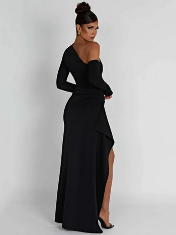 Mozision Oblique Shoulder Thigh High Split Maxi Φόρεμα Γυναικείο μακρυμάνικο εξώπλατο Bodycon Sexy Club Party Μακρύ Φόρεμα Vestidos