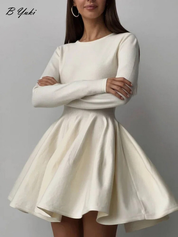 Blessyuki Elegantna jednobojna pletena haljina za žene Jesen Zima Ležerne večernje haljine A kroja dugih rukava Ženska korejska seksi mini haljina