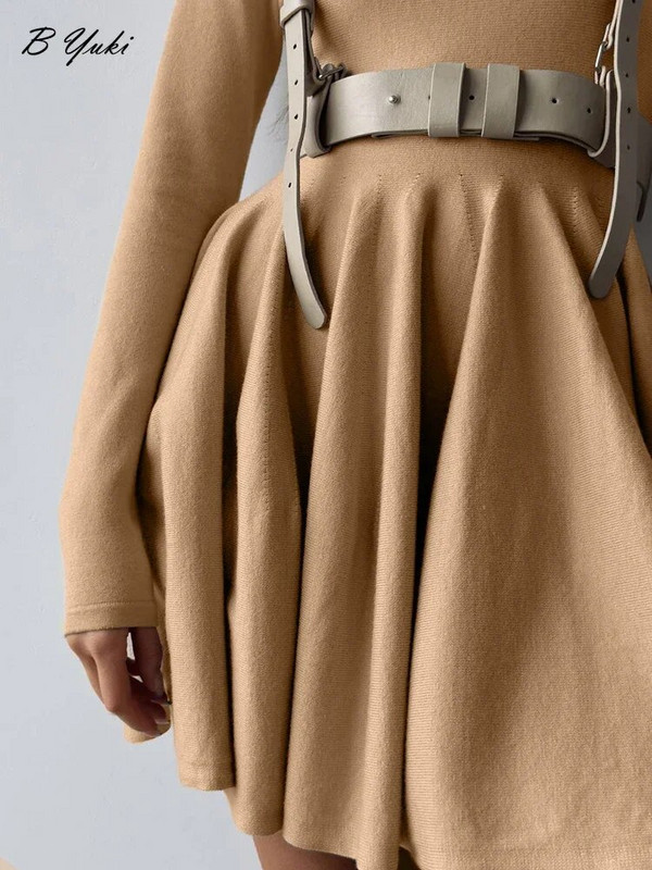 Blessyuki Elegantna jednobojna pletena haljina za žene Jesen Zima Ležerne večernje haljine A kroja dugih rukava Ženska korejska seksi mini haljina