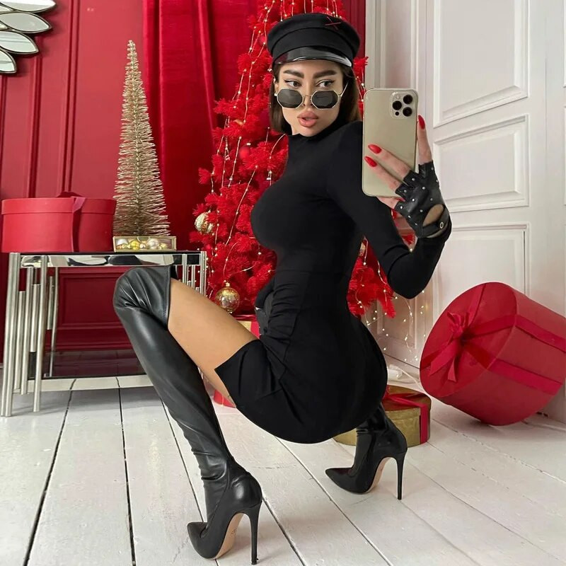 Naiste kevad-sügis pikkade varrukatega Bodycon Soild Color Must õhuke puusa minikleit 2023 Naiste riided Tänavarõivad