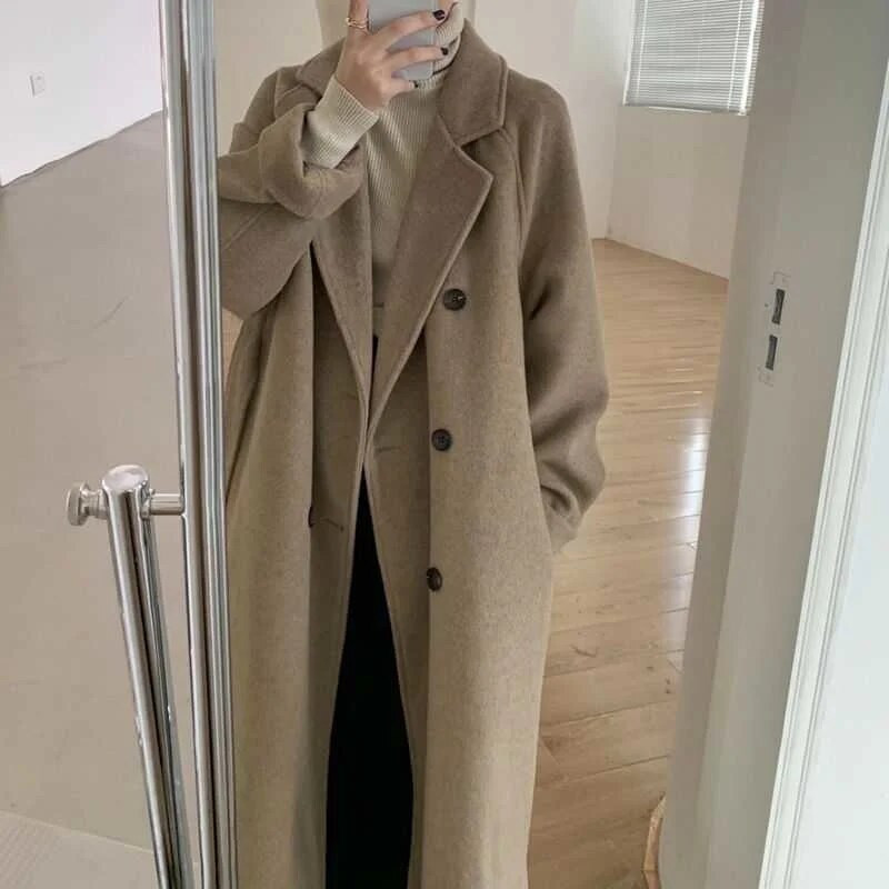 Toamnă și iarnă 2023, noua versiune coreeană, cravată lejeră, temperament la modă, la două piept, haină lungă de lână îngroșată pentru femei