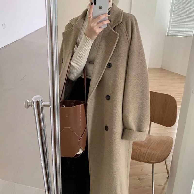 Toamnă și iarnă 2023, noua versiune coreeană, cravată lejeră, temperament la modă, la două piept, haină lungă de lână îngroșată pentru femei