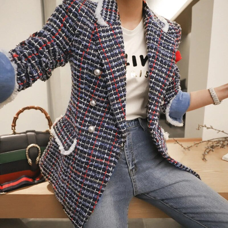 Modna, elegantna ženska gornja odjeća od tvida Ležerna retro karirana dvostruka biserna dugmad Lady Femme Mujer Jesen Zimska jakna
