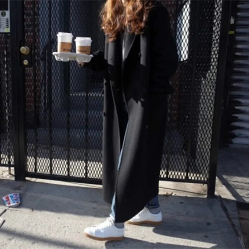 Koreai női téli hosszú gyapjúkabát dzseki női gyapjú felsőkabát, hosszú ujjú duplasoros felsőruházat