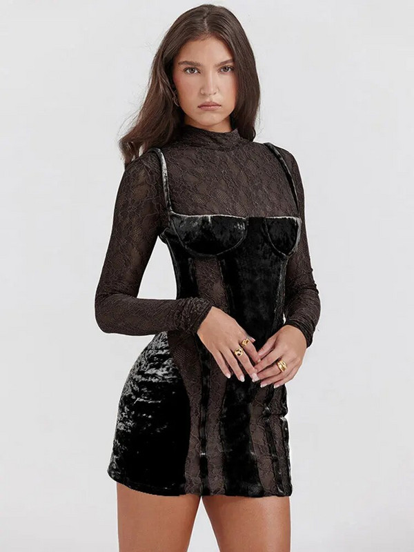 Seksi čipkasta baršunasta patchwork mini haljina, ženska elegantna stojeća kragna, uz oblijepljena haljina dugih rukava, 2023. Lady Chic proziran ogrtač za zabavu