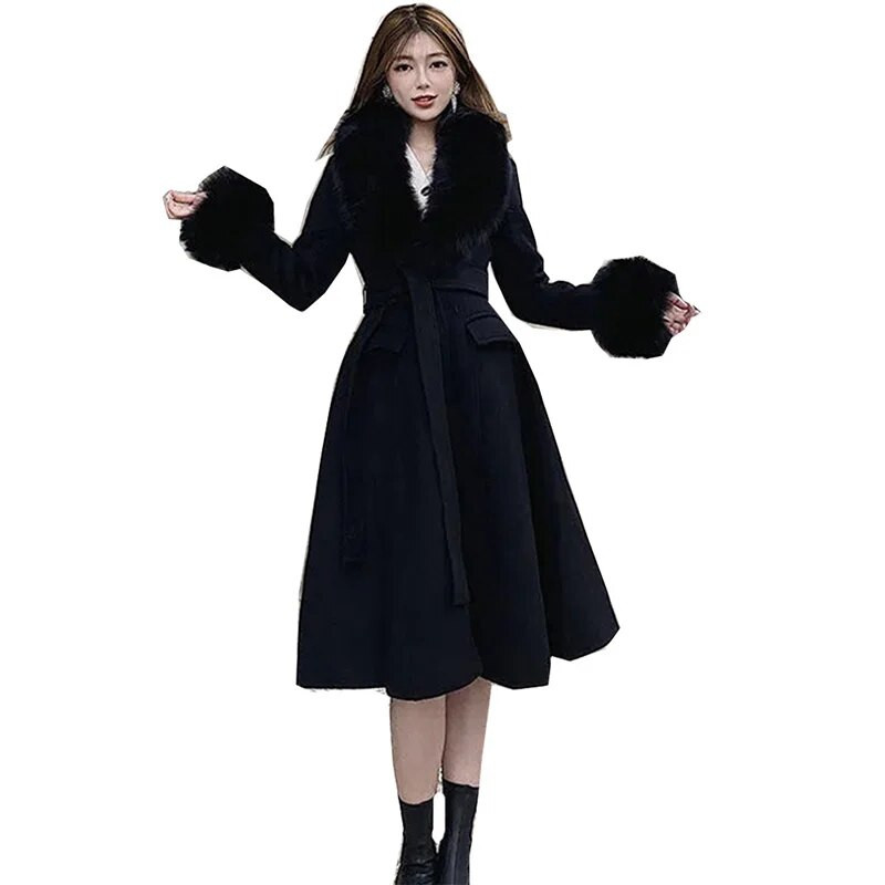 2022. gada rudens ziema, jauna temperamenta dieviete, vilnas mētelis, sieviešu vaļīgs viduklis, tievs, garš, liels kažokādas apkakle, modes jaka sievietēm