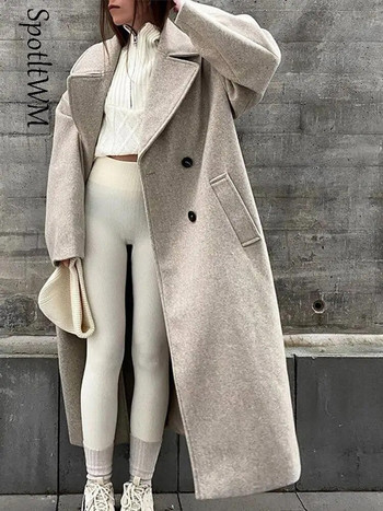 Γυναικείο παλτό με διπλό στήθος μάλλινο παλτό πέτο γιακά μακρυμάνικο μασίφ μακρύ μάλλινο παλτό Φθινόπωρο Χειμώνας Ζεστό Μόδα Γυναικείο Φαρδύ πανωφόρι