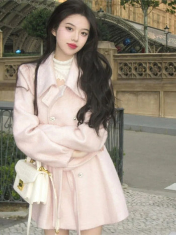 Ροζ τουίντ τζάκετ Γυναικείο φθινόπωρο/χειμώνα με γλυκό στυλ Πέτο τουίντ παλτό Hepburn High-end Sense Retro Slim Top