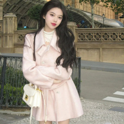 Roosa tviidjakk naiste sügis/talv magusa stiiliga revääriga Tviidmantel Hepburni stiilis tipptasemel Sense retro õhuke top