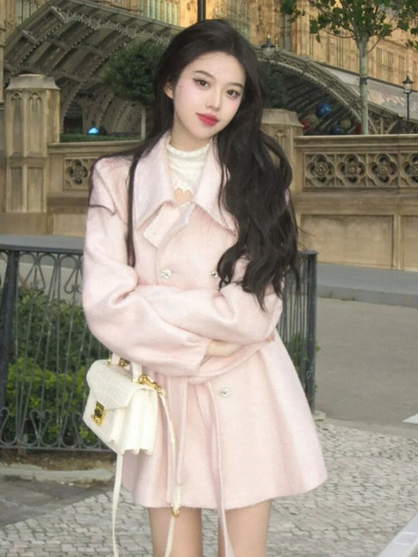 Roosa tviidjakk naiste sügis/talv magusa stiiliga revääriga Tviidmantel Hepburni stiilis tipptasemel Sense retro õhuke top