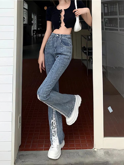 Uued naiste teksad, esilõhikuga lõhikuga, elegantne korea stiilis vabaaja trendikas retro šikk pits teksapüksid Y2k 90ndate naiste püksid