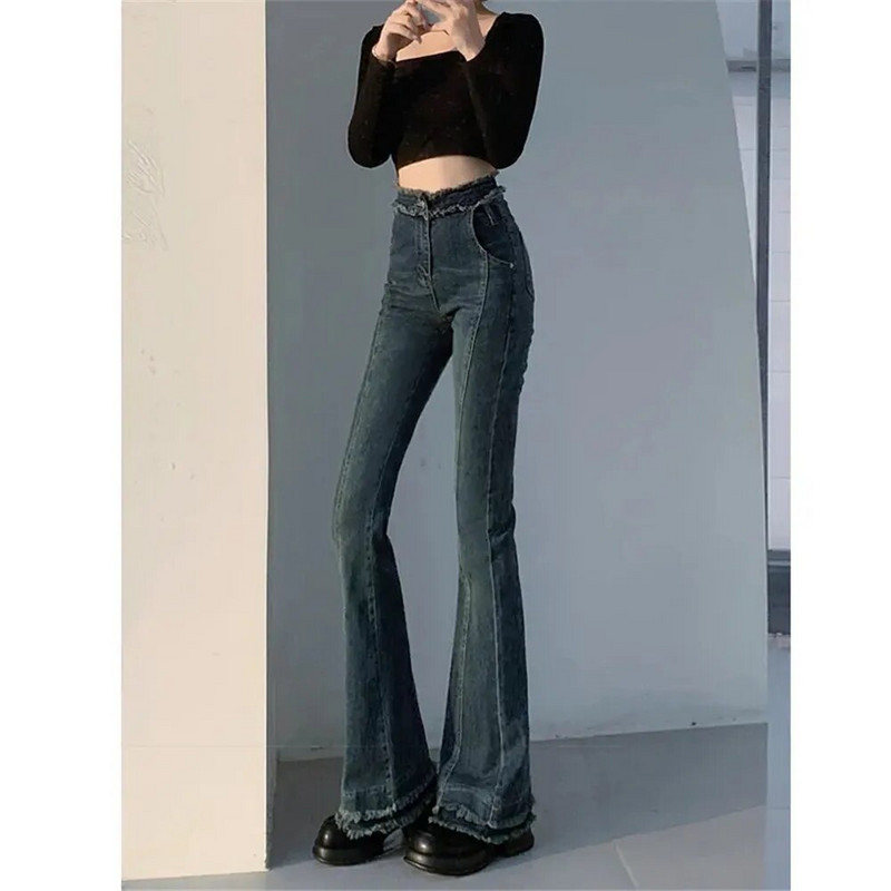 Y2k kevadised naiste teksapüksid, uus mood, liimitud kõrge vöökohaga püksid Vintage tutid pahkluu täispikad teksad must sinine