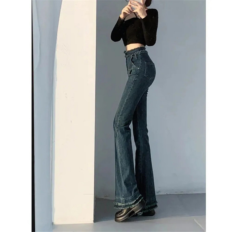 Y2k kevadised naiste teksapüksid, uus mood, liimitud kõrge vöökohaga püksid Vintage tutid pahkluu täispikad teksad must sinine