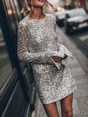 Naiste mood, läikivad litrid Minikleit Elegantne seljata ümara kaelusega pikkade varrukatega ballikleidid Seksikad peoklubi Naiste Vestidos