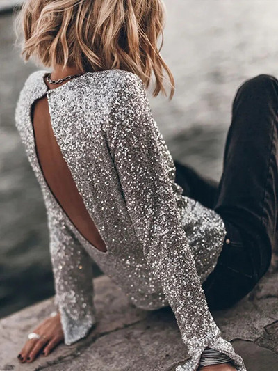 Naiste mood, läikivad litrid Minikleit Elegantne seljata ümara kaelusega pikkade varrukatega ballikleidid Seksikad peoklubi Naiste Vestidos