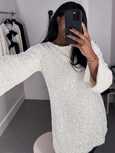 Naiste mood, läikivad litrid Minikleit Elegantne seljata ümara kaelusega pikkade varrukatega ballikleidid Seksikad peoklubi Naiste Vestidos