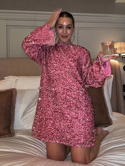 Naiste mood, läikivad litrid Minikleit Elegantne seljata ümara kaelusega pikkade varrukatega ballikleidid Seksikad peoklubi Naiste Vestidos
