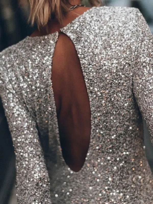 Ženska modna mini haljina sa sjajnim šljokicama, elegantna maturalna haljina bez leđa, s okruglim izrezom i dugim rukavima, seksi ženske vestidos za klubske zabave