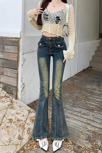 Reaalajas foto retro vürtsikatest tüdrukute mikro laienevatest teksapükstest naistele 2023. aasta sügisel elastsete tagumiku, kõrge vöökoha ja põrandakattega