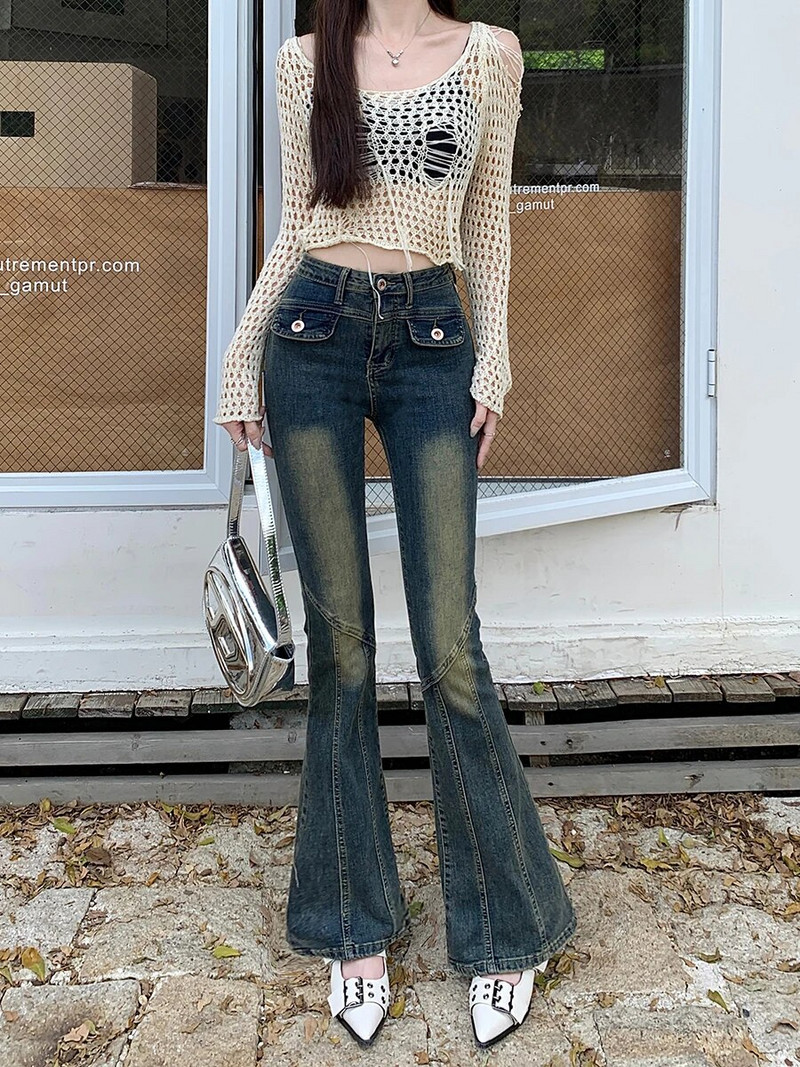 Reaalajas foto retro vürtsikatest tüdrukute mikro laienevatest teksapükstest naistele 2023. aasta sügisel elastsete tagumiku, kõrge vöökoha ja põrandakattega