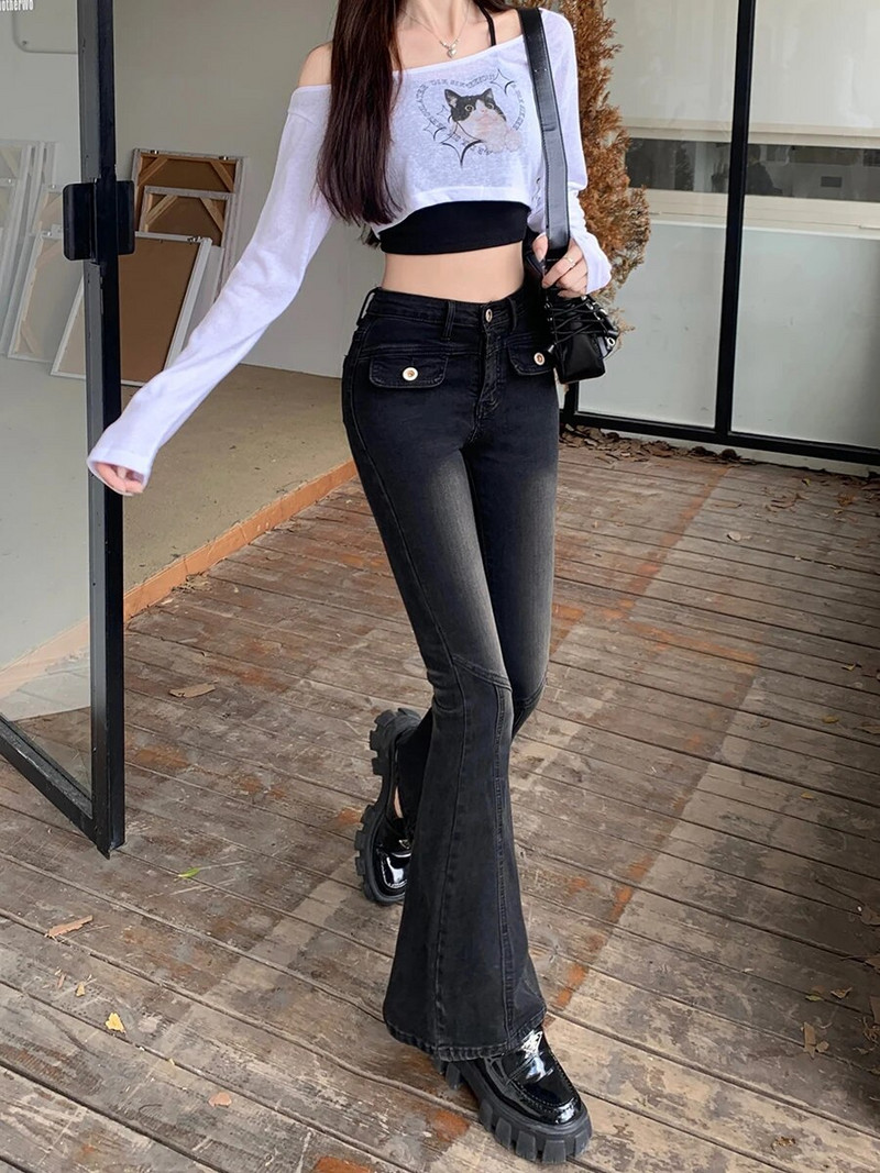 Reaalajas foto retro vürtsikatest tüdrukute mikro laienevatest teksapükstest naistele 2023. aasta sügisel elastsete tagumiku, kõrge vöökoha ja põrandakattega