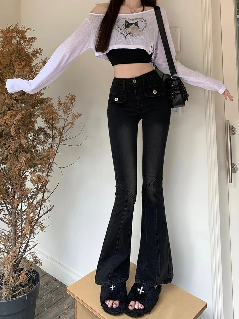 Reaalajas foto retro vürtsikatest tüdrukute mikro laienevatest teksapükstest naistele 2023. aasta sügisel elastsete tagumiku, kõrge vöökoha ja põrandakattega