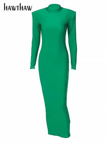 Hawthaw Shoulder με επένδυση μακρυμάνικο Bodycon Green Party Club Maxi Μακρύ Φόρεμα 2022 Άνοιξη φθινόπωρο Γυναικεία κομψά ρούχα