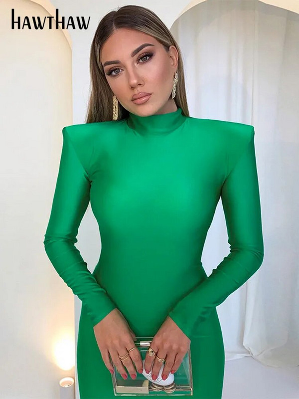 Hawthaw vállpárnázott, hosszú ujjú Bodycon Green Party Club Maxi hosszú ruha 2022 tavaszi őszi női divat elegáns ruhák