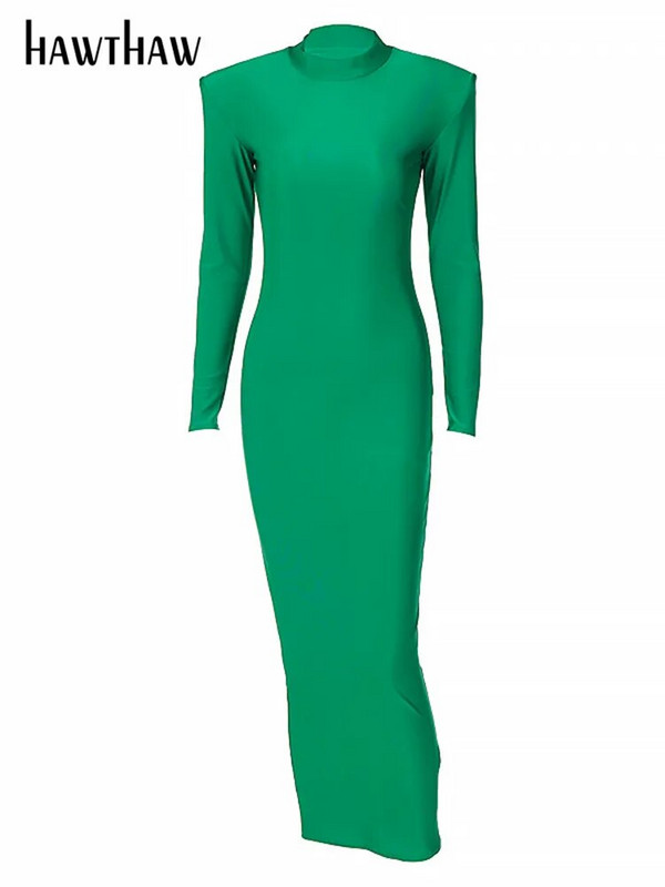 Hawthaw vállpárnázott, hosszú ujjú Bodycon Green Party Club Maxi hosszú ruha 2022 tavaszi őszi női divat elegáns ruhák