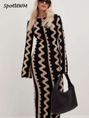 Svītrainas trikotāžas O veida kakla garās piedurknes Midi kleitas Elegantas sieviešu Bodycon A-līnijas Vestidos Sieviešu mode Ikdienas ielas Maxi Apģērbi