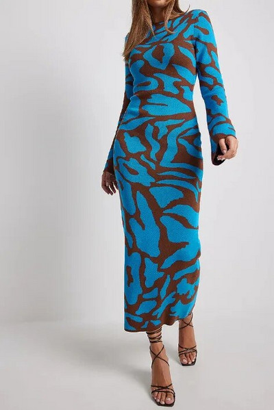 Svītrainas trikotāžas O veida kakla garās piedurknes Midi kleitas Elegantas sieviešu Bodycon A-līnijas Vestidos Sieviešu mode Ikdienas ielas Maxi Apģērbi