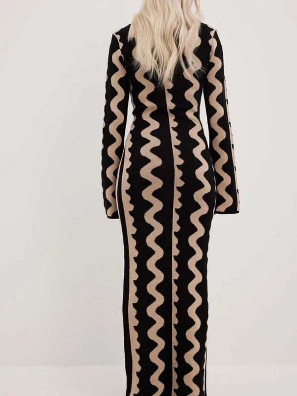 Svītrainas trikotāžas O veida kakla garās piedurknes Midi kleitas Elegantas sieviešu Bodycon A-līnijas Vestidos Sieviešu mode Ikdienas ielas Maxi Apģērbi