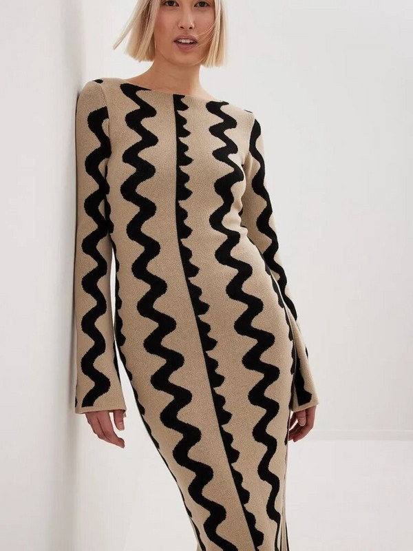 Svītrainas trikotāžas O veida kakla garās piedurknes Midi kleitas Elegantas sieviešu Bodycon A-līnijas Vestidos Sieviešu mode Ikdienas ielas Maxi Apģērbi