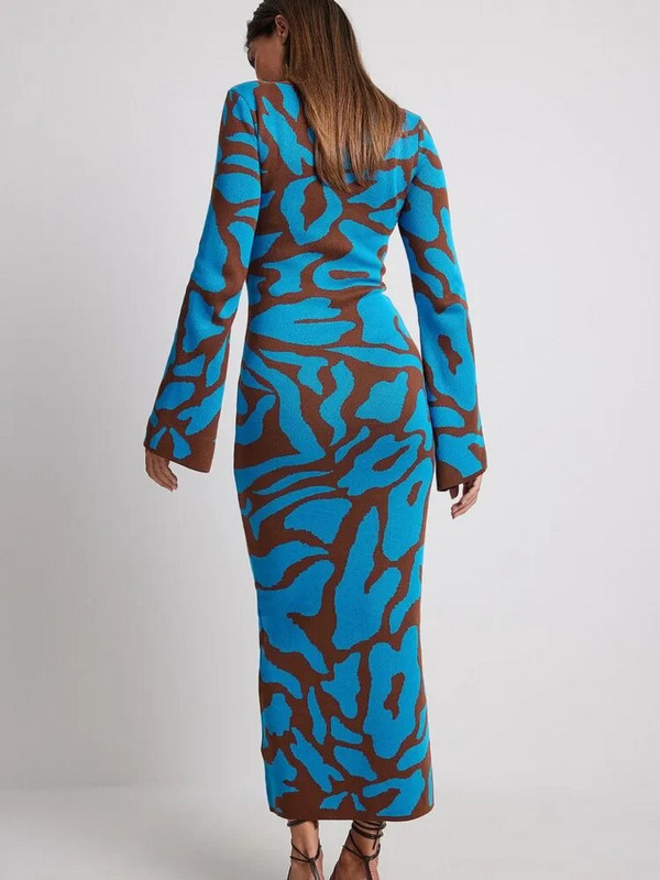 Svītrainas trikotāžas O veida kakla garās piedurknes Midi kleitas Elegantas sieviešu Bodycon A-līnijas Vestidos Sieviešu mode Ikdienas ielas Maxi Apģērbi